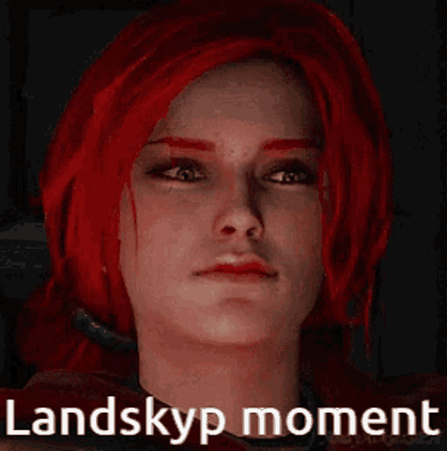 a close up of a woman 's face with red hair and the words landskyp moment