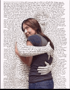 a woman is hugging another woman in front of a wall of handwriting