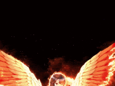 a girl with fire wings is standing in the dark