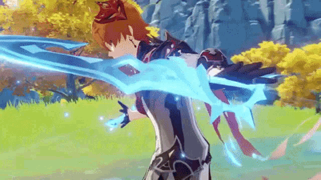 a cartoon character is holding a sword in his hands .