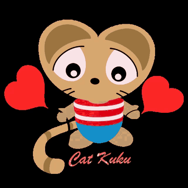 a cartoon cat is wearing a striped shirt and holding two red hearts with the words cat kuku below it