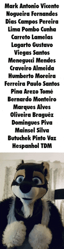 a wolf mascot is standing in front of a list of people including mark antonio vicente
