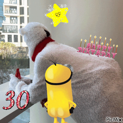 a picture of a minion and a polar bear with the number 30 on the bottom