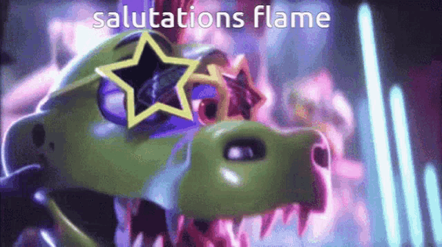 a cartoon character wearing sunglasses with a star on them and the words salutations flame on the bottom .