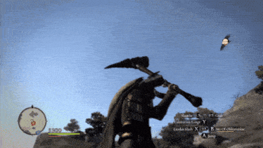 a video game shows a knight holding a large axe and a bird flying in the background
