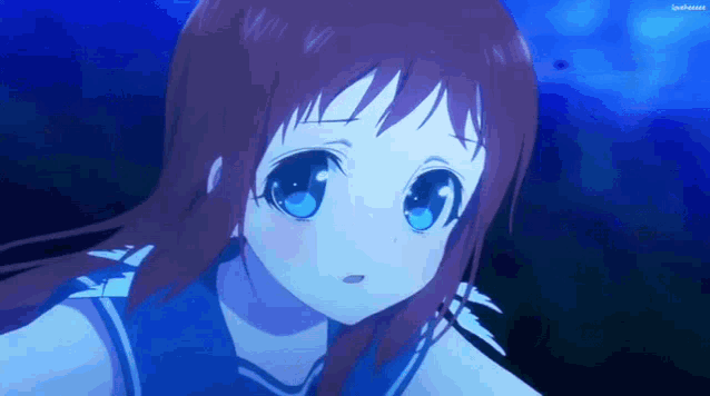 a close up of a girl with blue eyes and a blue background that says loveanime