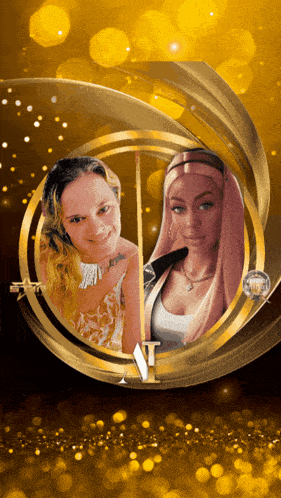 a picture of two women in a gold circle with the letter i on the bottom