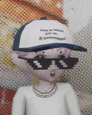 a girl wearing sunglasses and a hat that says please be patient with me