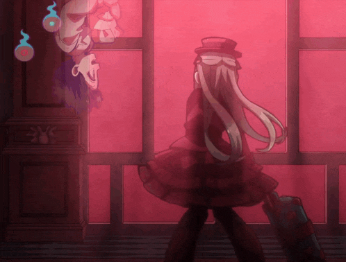 a girl in a red dress is standing in front of a red wall with a ghost behind her