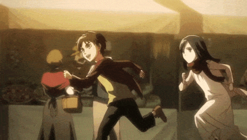 a group of anime characters are running in a room