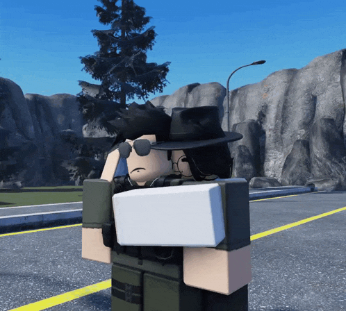 a cartoon character wearing a hat and sunglasses is standing on a street