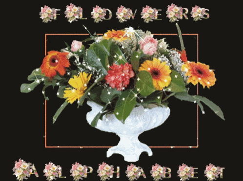 a bouquet of flowers in a white vase with the words " flowers " written on the bottom