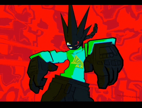 a colorful drawing of a cartoon character with a red background