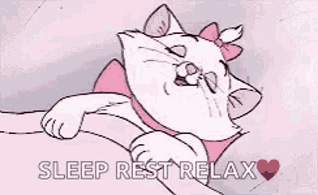 a cartoon cat is laying on a bed with the words `` sleep rest relax '' written below it .