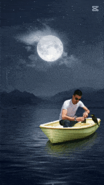 a man is sitting in a boat with a bird and the word capcut is on the bottom