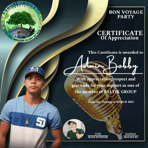 a certificate of appreciation is awarded to admin bobby with appreciation respect and gratitude for your support as one of the member of saltik group