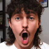 a man with curly hair and a mustache is making a funny face .