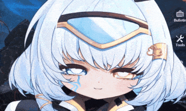 a close up of a girl 's face with the tools icon in the upper right corner