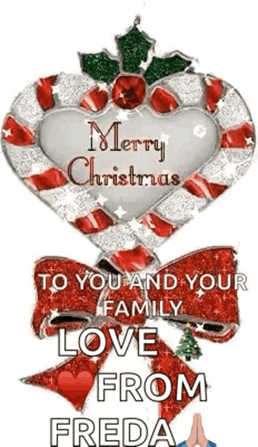 a merry christmas greeting card with a heart shaped candy cane and a bow .