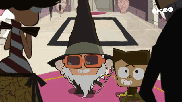 a cartoon of a man in a wizard 's hat holding a wand