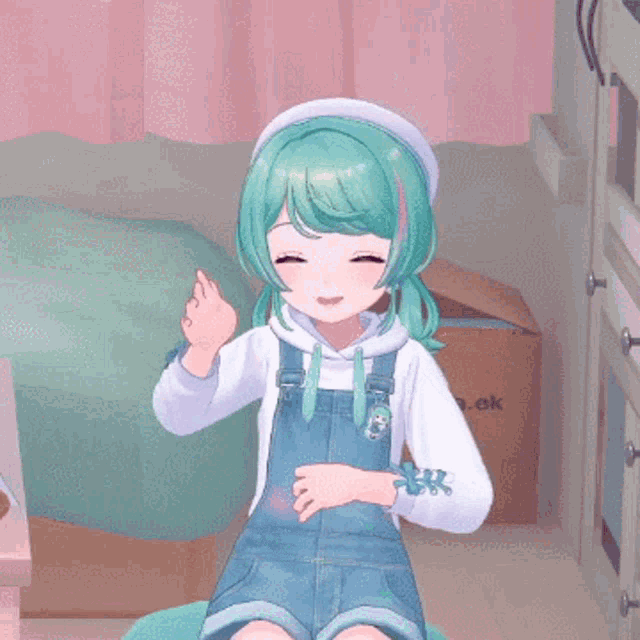 a girl with green hair is wearing overalls and a hoodie