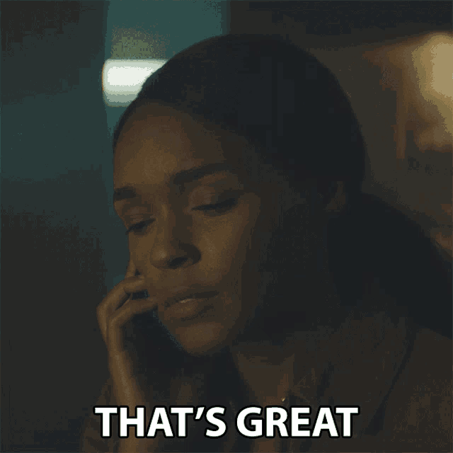 a woman talking on a phone with the words that 's great written below her
