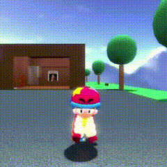 a cartoon character is standing in front of a building