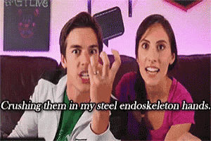 a man and a woman are sitting on a couch with the words " crushing them in my steel endoskeleton hands "