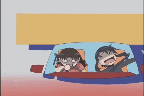 a cartoon of two girls in a car with their mouth open