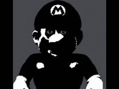 a black and white drawing of a person wearing a black hat with a m on it .