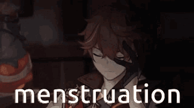 a man is holding his hand to his forehead in front of a sign that says ' menstruation ' .