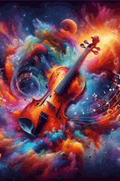 a colorful painting of a violin with music notes surrounding it
