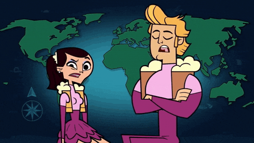 a man and a woman are standing in front of a world map
