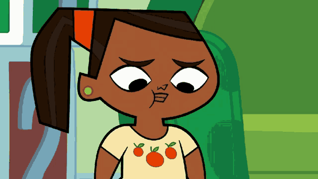 a cartoon girl wearing an orange shirt with oranges on it