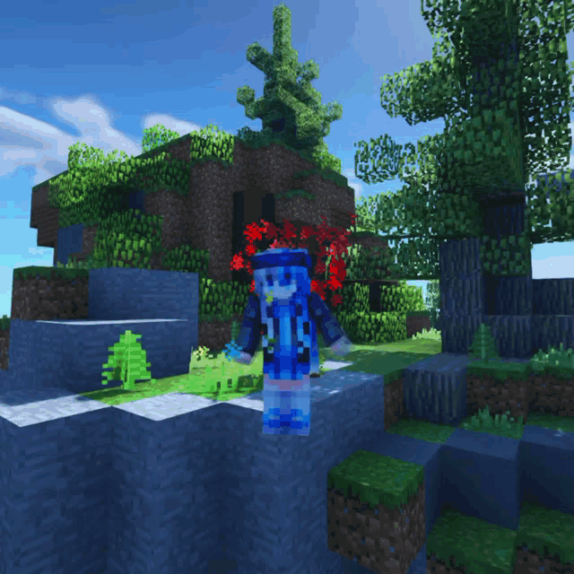 a minecraft character with blue hair and red eyes