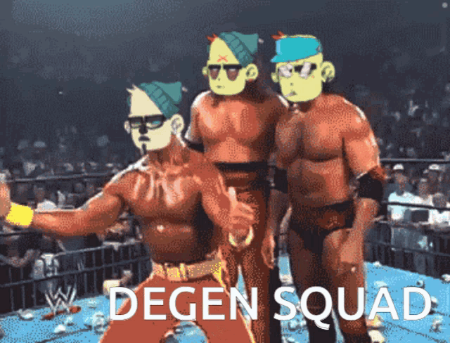a group of wrestlers are standing in a ring with the words degen squad below them