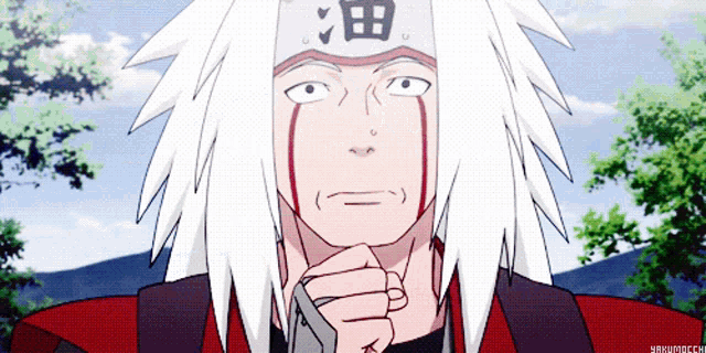 a drawing of a man with white hair and a hat with chinese writing on it