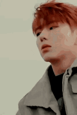 a close up of a person 's face with red hair wearing a grey jacket .