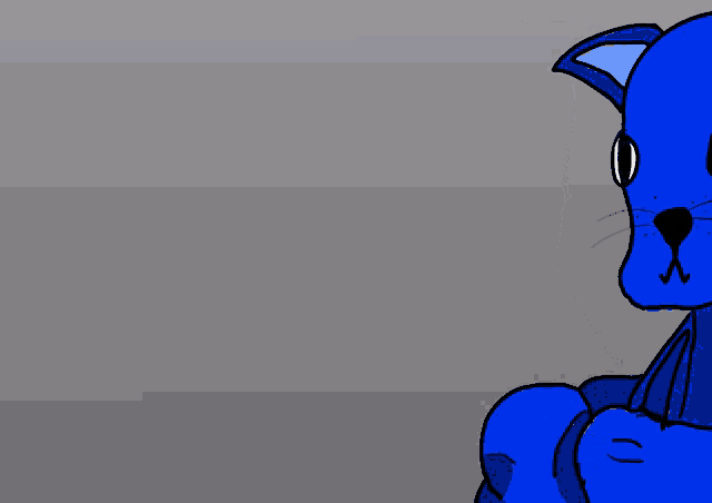 a drawing of a blue cat with an arrow pointing down