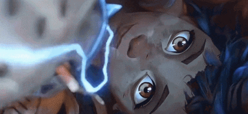 a close up of a cartoon character 's face with a lightning bolt coming out of her head .