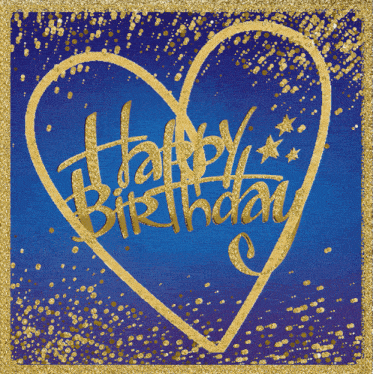 a blue and gold happy birthday card with a heart in the middle
