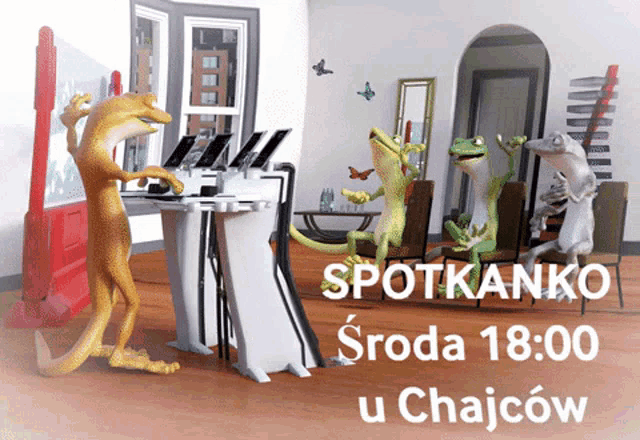 an advertisement for spotkanko shows a group of lizards in a room
