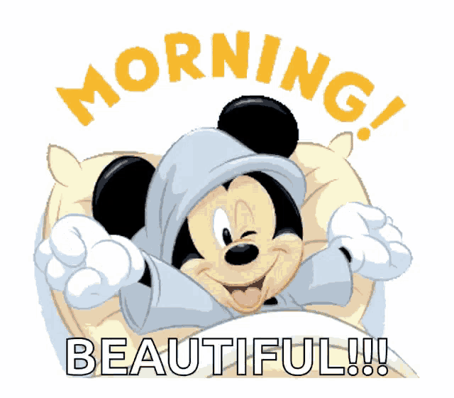 a picture of mickey mouse with the words morning beautiful below him