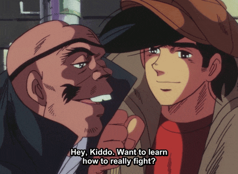 a man talking to another man with the words hey kiddo want to learn how to really fight on the bottom
