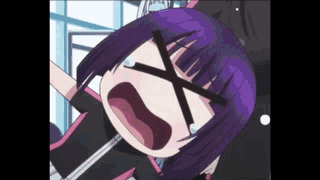 a girl with purple hair has a cross on her eyes