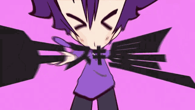 a cartoon character with purple hair and a purple shirt is surrounded by black arrows
