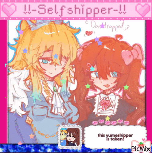 a drawing of two anime girls with the words self shipper written above them