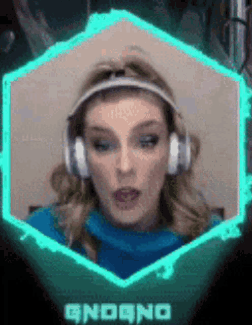 a woman wearing headphones with the word gnogno on the bottom right corner