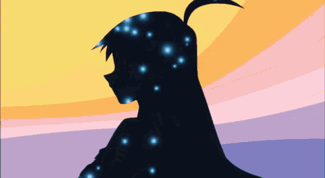 a silhouette of a girl with a bunch of stars in her hair