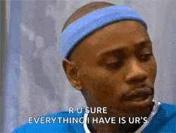 a man wearing a blue headband is saying `` r u sure everything i have is ur 's `` .